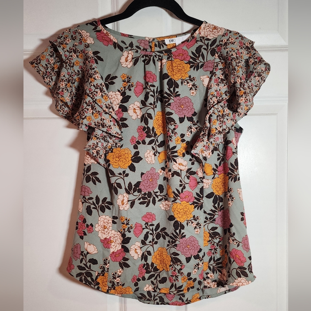 DR2 Multicolored Floral Layered Ruffle Sleeve Blouse S